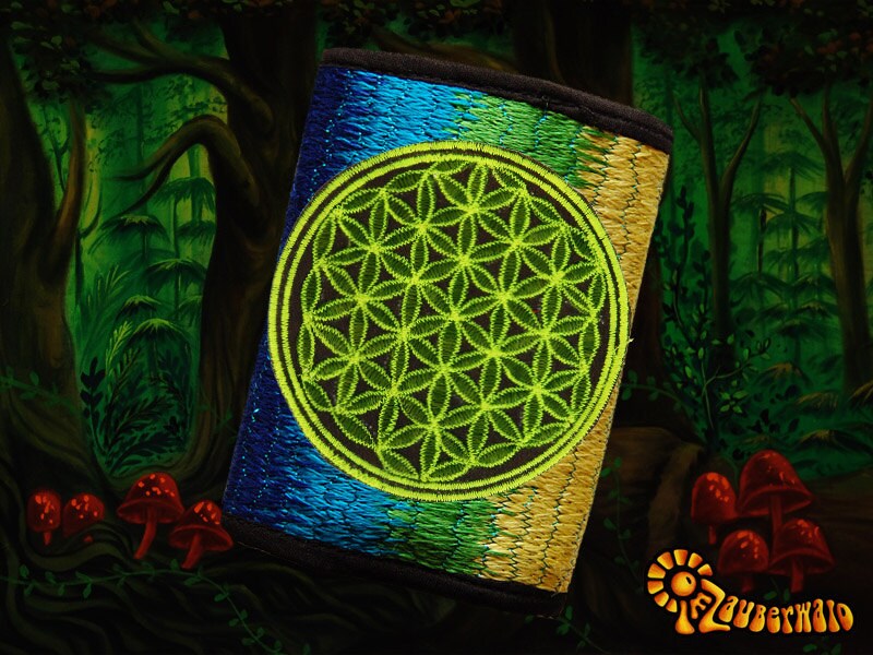 4 variations of flower of life moneypockets - pockets for coins and cards and 2 for papermoney, with hook & loop - blacklight active wallet