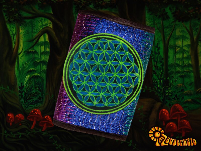 4 variations of flower of life moneypockets - pockets for coins and cards and 2 for papermoney, with hook & loop - blacklight active wallet