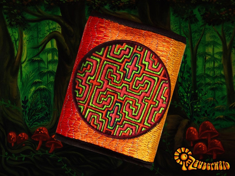 4 variations of ayahuasca moneypockets - pocket for coins and cards and 2 for papermoney with hook & loop - blacklight active DMT wallet