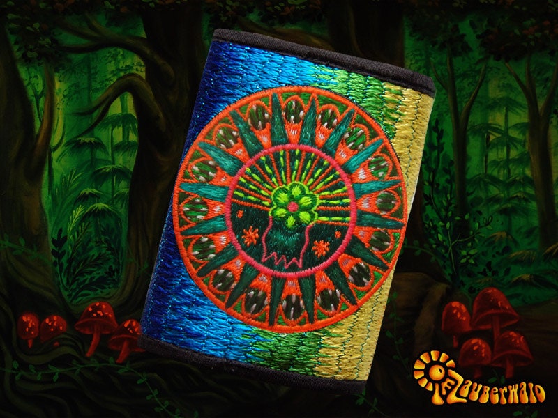 4 variations of huichol peyote moneypockets - pocket for coins and cards and 2 for papermoney with hook & loop - blacklight active wallet