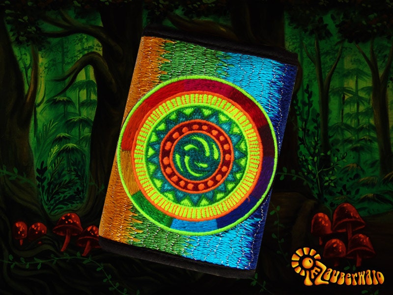 4 variations of huichol peyote moneypockets - pocket for coins and cards and 2 for papermoney with hook & loop - blacklight active wallet