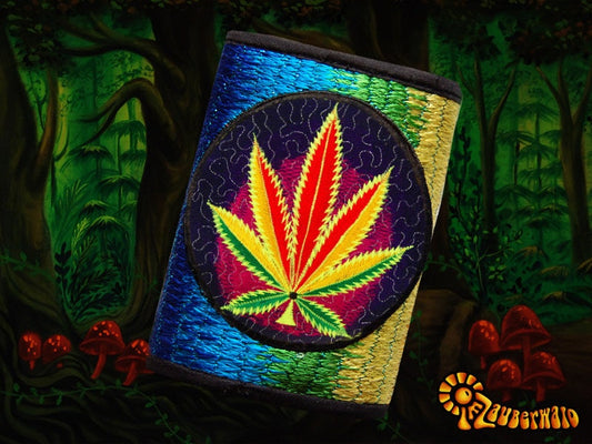 4 variations of cannabis moneypockets - pocket for coins and cards and 2 for papermoney with hook & loop - blacklight active weed thc wallet