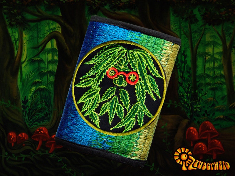 4 variations of cannabis moneypockets - pocket for coins and cards and 2 for papermoney with hook & loop - blacklight active weed thc wallet