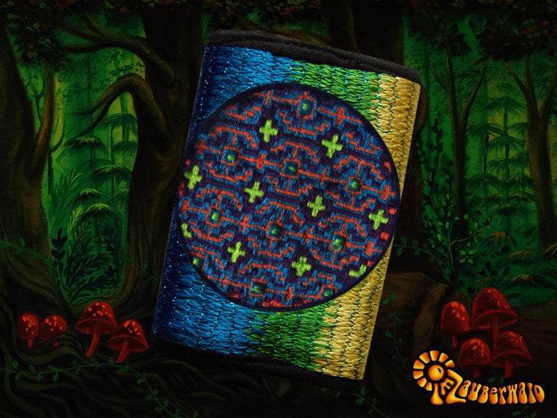 4 variations of shipibo dmt moneypockets - pocket for coins and cards and 2 for papermoney with hook & loop - blacklight active wallet