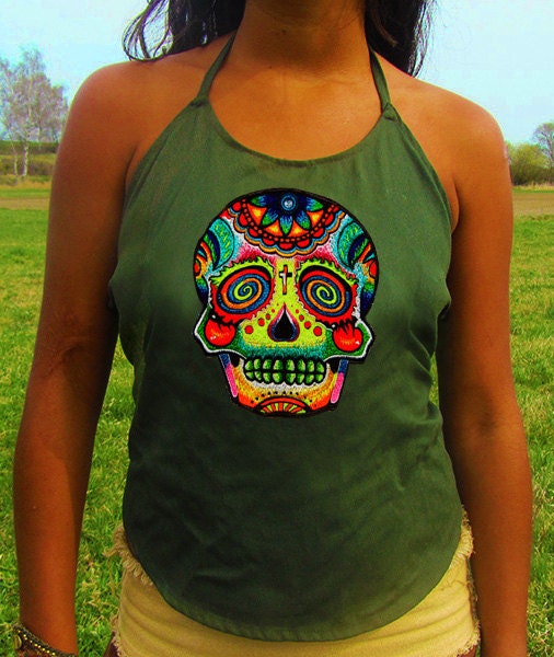 mirror skull women top shirt psychedelic handmade no print goa t-shirt blacklight active