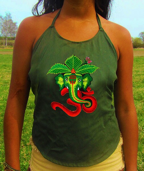 green aum ganesha women top shirt psychedelic handmade no print goa alex grey t-shirt blacklight active
