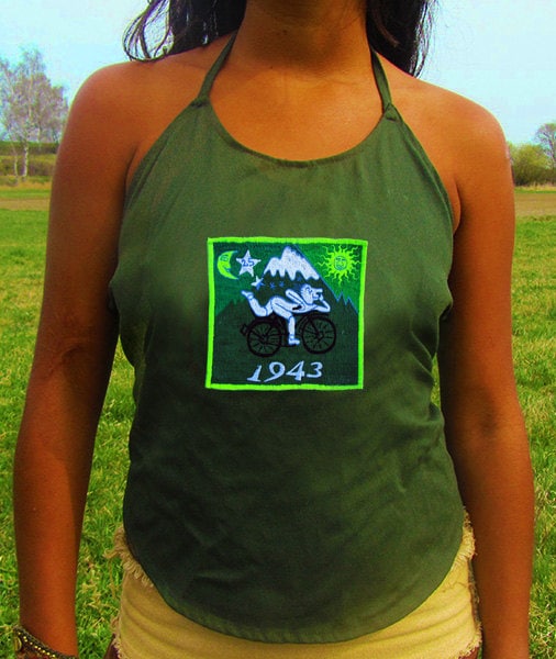 hofmann green bicycle day women top shirt psychedelic handmade no print goa t-shirt blacklight active