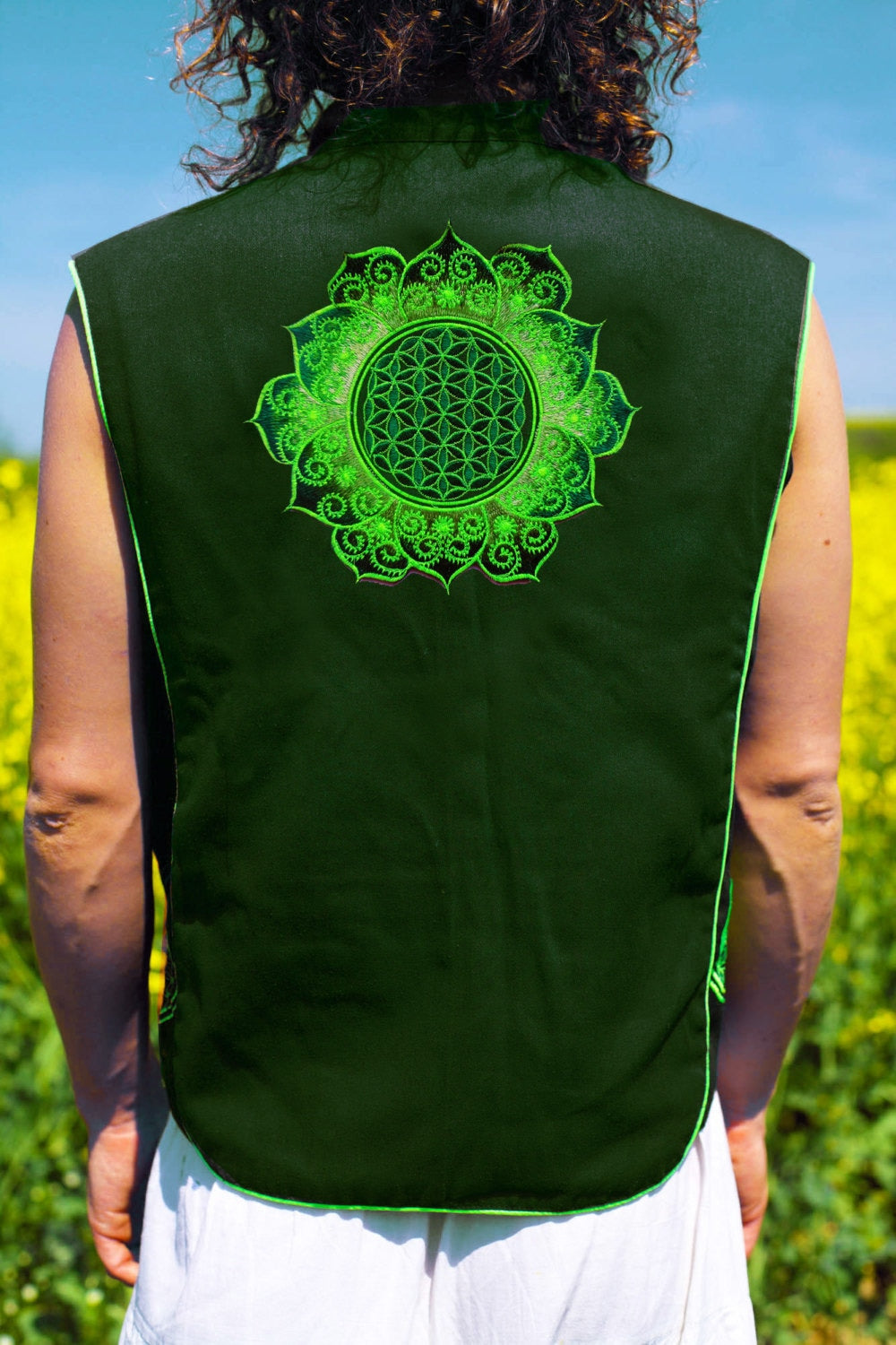 green fractal flower of life - Design your jacket in any colours - handmade in your size blacklight active 1 zip lock inside pocket