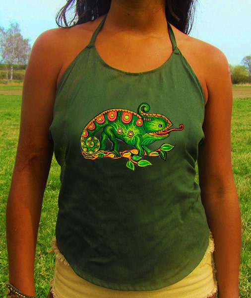 chameleon women top shirt psychedelic handmade no print goa t-shirt blacklight active