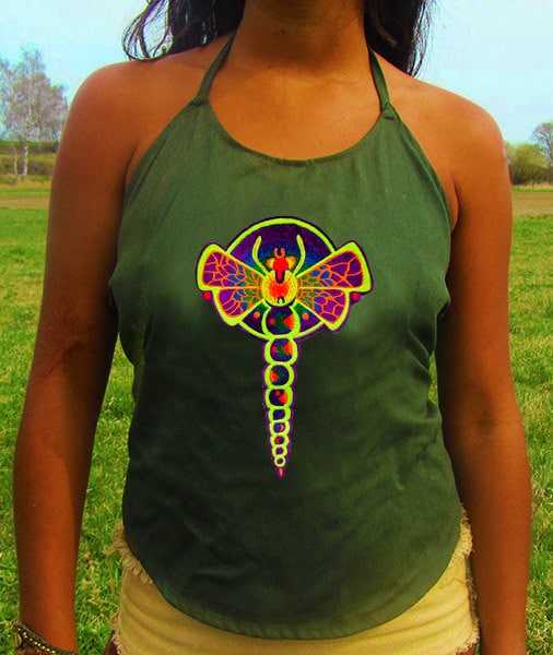 dragonfly crop circle women top shirt psychedelic handmade no print goa t-shirt blacklight active