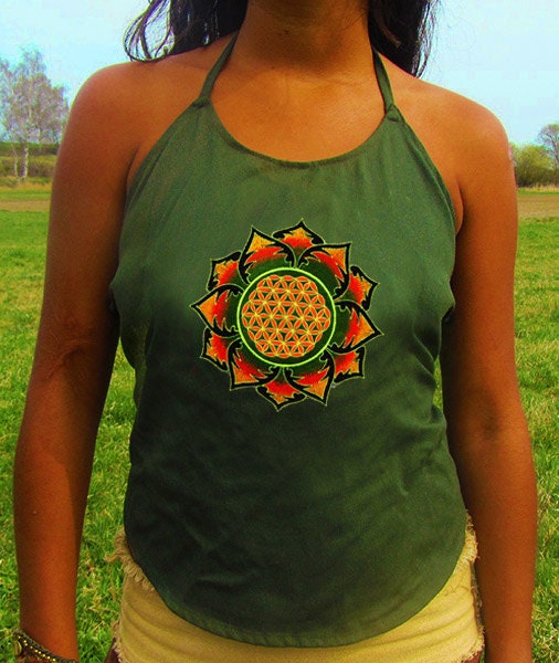 flower of life green orange mandala women top shirt psychedelic handmade no print goa t-shirt blacklight active