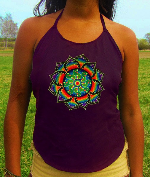rainbow tidcombe crop circle women top shirt psychedelic handmade no print goa tank t-shirt blacklight active