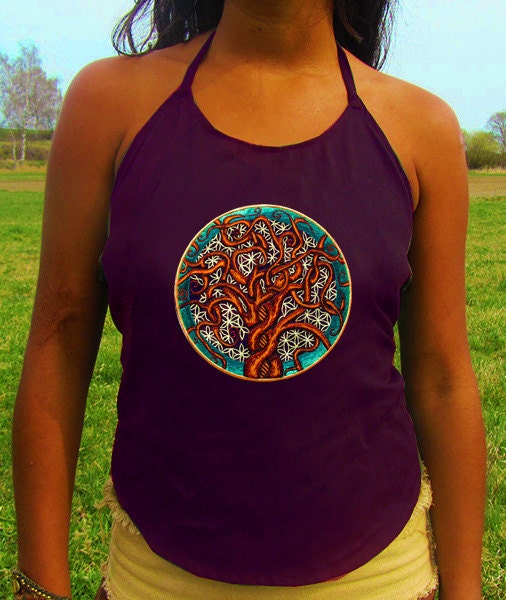 tree of life women top shirt psychedelic handmade no print goa tank t-shirt blacklight active