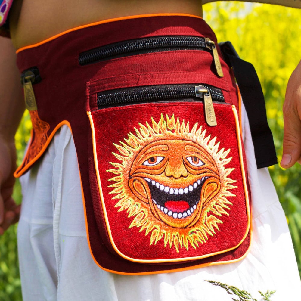 Beltbag Sunshine Happy - 7 pockets, strong ziplocks, size adjustable with hook & loop and clip - blacklight active lines hippie waistbag