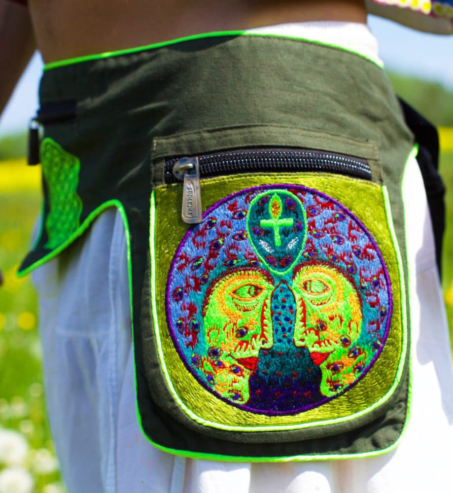 Beltbag Cosmic Rebirth - 7 pockets, strong ziplocks,size adjustable with hook & loop and clip - blacklight active lines flower of life alien