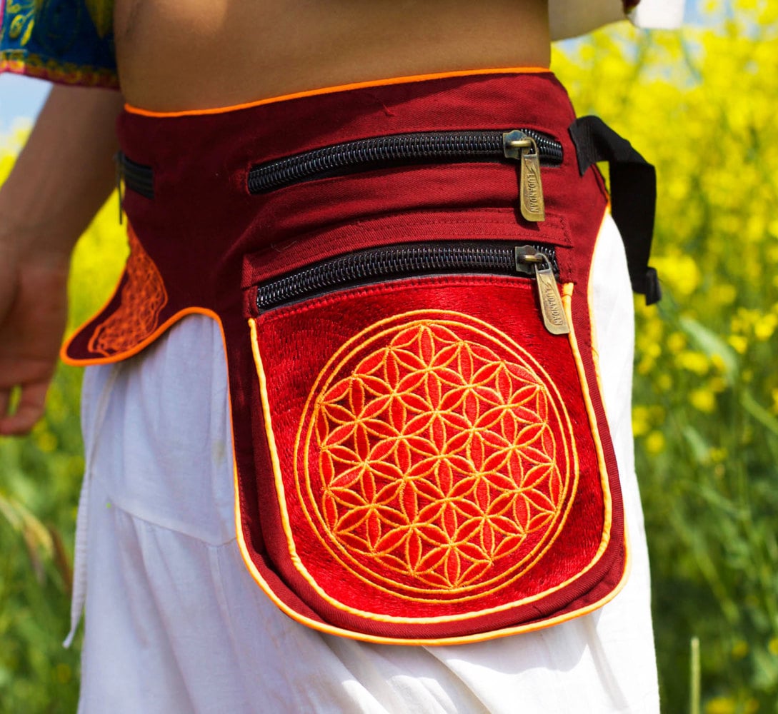 Beltbag red Flower of Life - 7 pockets strong ziplocks size adjustable with hook & loop and clip - blacklight active holy geometry