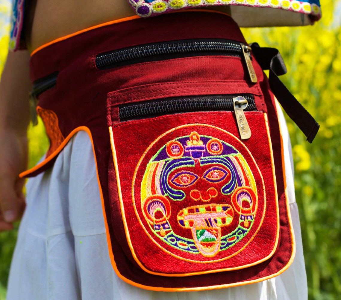 Beltbag red Maya calendar 2012 - 7 pockets, strong ziplocks, size adjustable with hook & loop and clip - blacklight active lines lsd hofmann