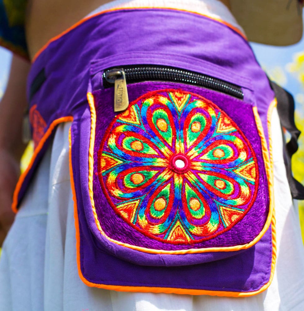 Beltbag rainbow LSD mandala - 7 pockets, strong ziplocks, size adjustable with hook & loop and clip - blacklight active lines flower of life