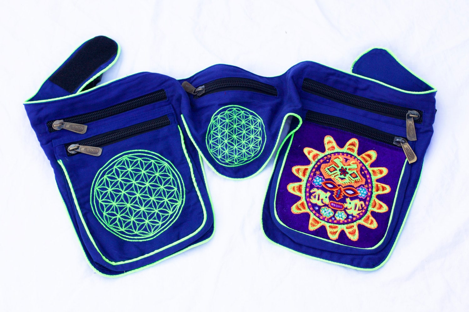 Beltbag Huichol Sunmask - 7 pockets, strong ziplocks, size adjustable with hook & loop and clip - blacklight active lines flower of life