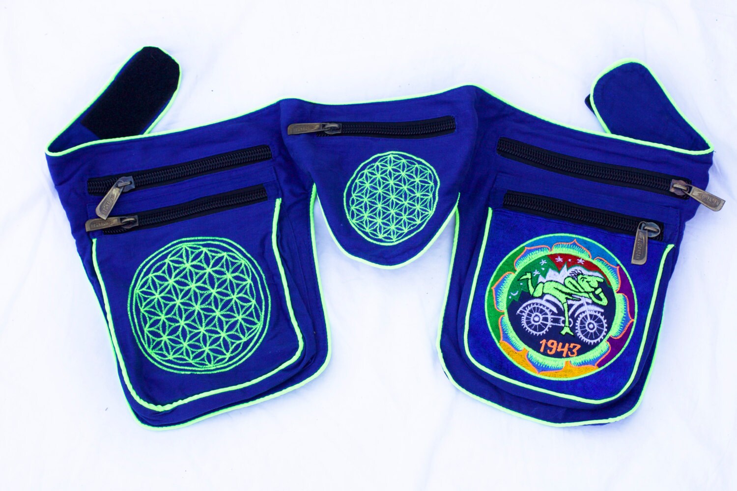 Beltbag hofmann mandala - 7 pockets, strong ziplocks, size adjustable -- hook & loop and clip - blacklight active lines flower of life