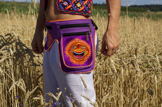 Beltbag Sunshine Happy - 7 pockets, strong ziplocks, size adjustable - hook & loop and clip - blacklight active lines flower of life