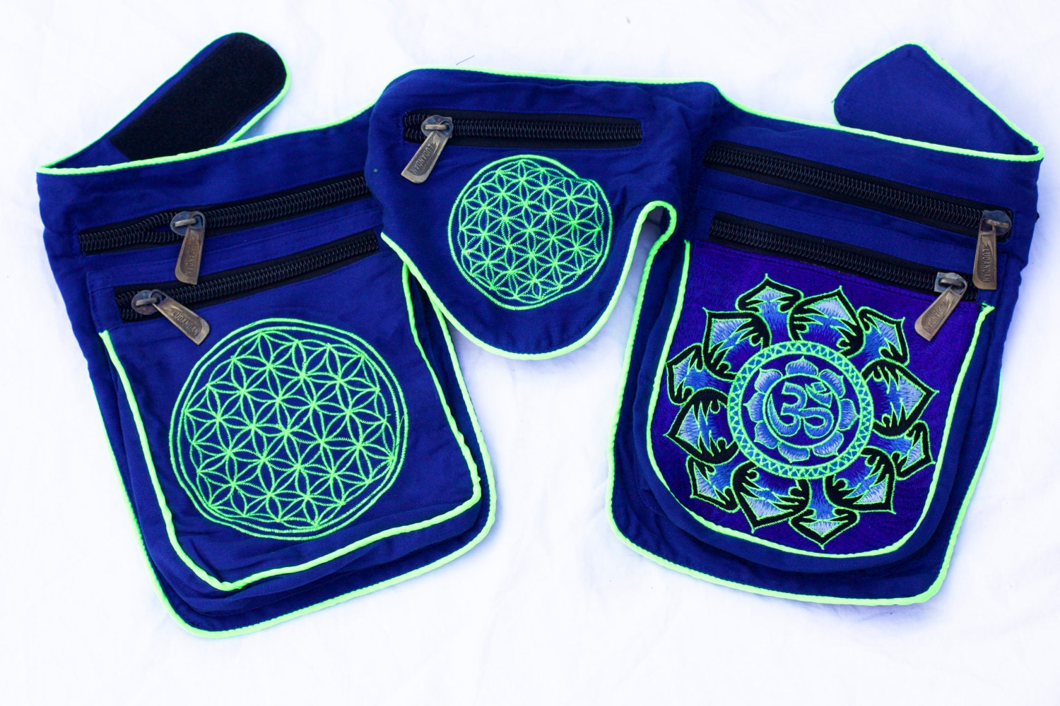 Beltbag blue AUM mandala - 7 pockets, strong ziplocks, size adjustable with hook & loop and clip - blacklight active lines flower of life