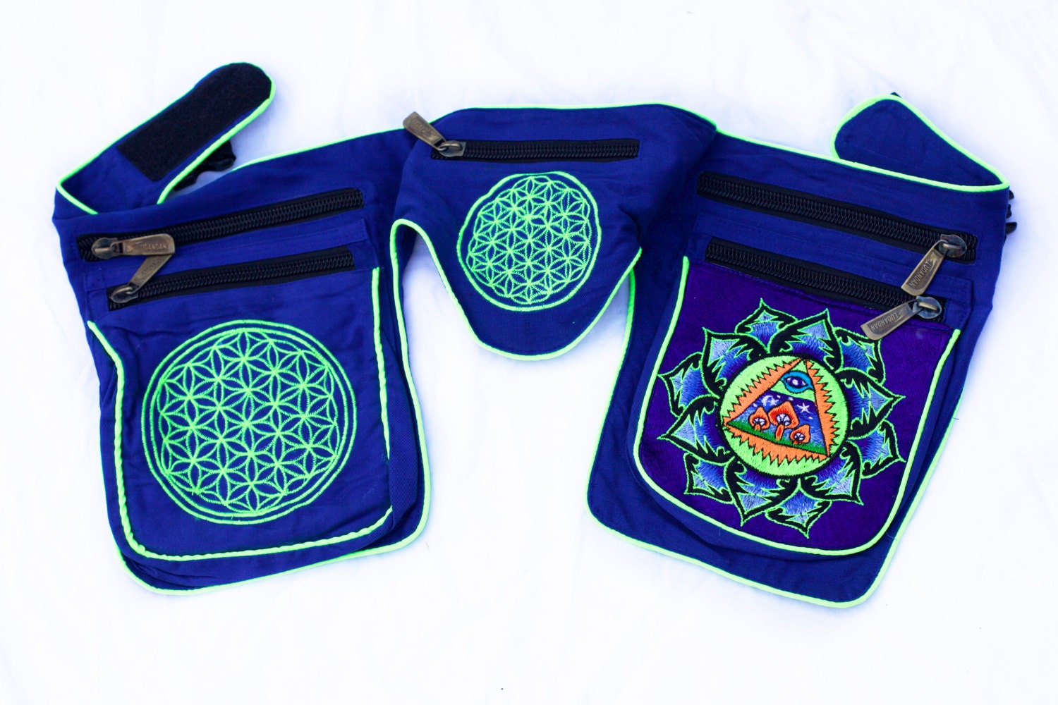 Beltbag Mushroom Illuminati - 7 pockets, strong ziplocks, size adjustable with hook & loop and clip - blacklight active lines flower of life