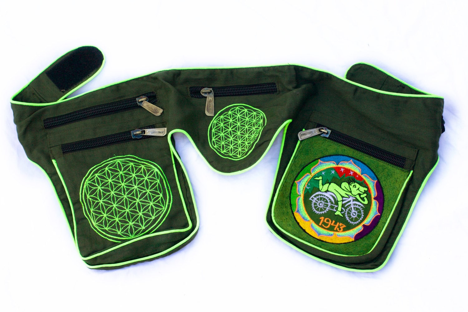 Beltbag hofmann mandala - 7 pockets strong ziplocks size adjustable with hook & loop and clip - blacklight active cosmic music goatrance