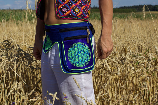 Beltbag blue Flower of Life - 7 pockets, strong ziplocks, size adjustable with hook & loop and clip - blacklight active lines flower of life