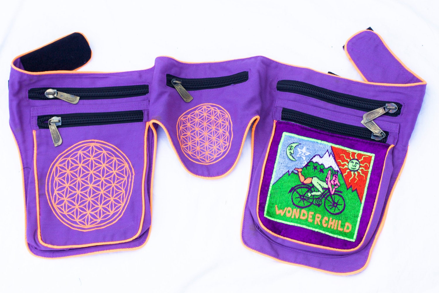 Beltbag Hofmann wonderchild - 7 pockets, strong ziplocks, size adjustable -- hook & loop and clip - blacklight active lines flower of life
