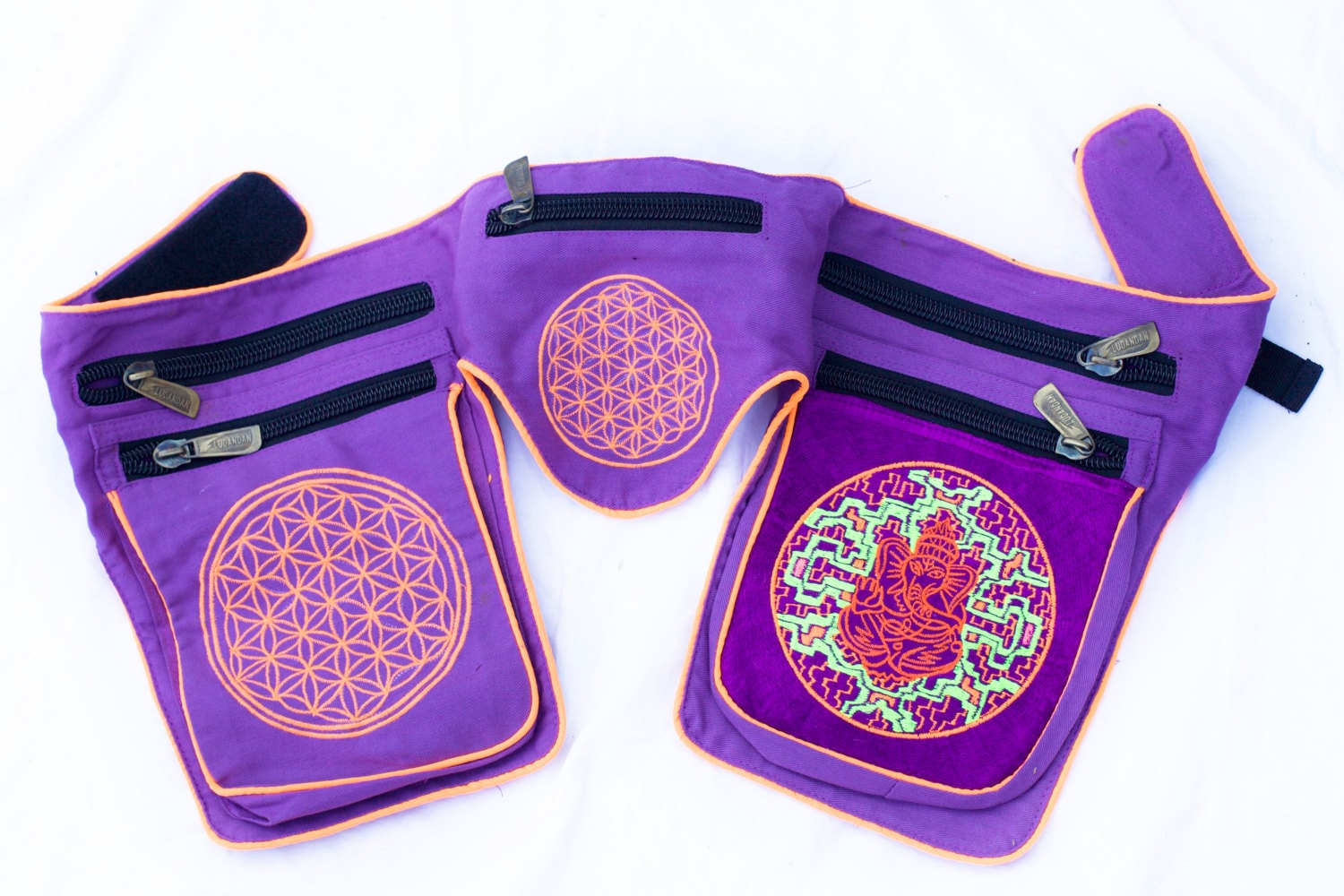 Beltbag Ganeshahuasca purple - 7 pockets, strong ziplocks, size adjustable -- hook & loop and clip - blacklight active lines flower of life