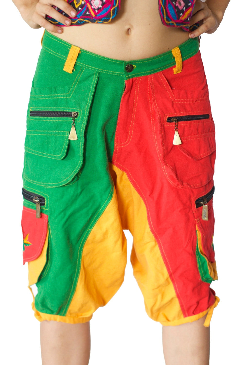 Rasta Cannabis Pant - 8 pockets, 4 with hock&loop, 2 with clip - any size available marihuana leave clamdiggers made after order
