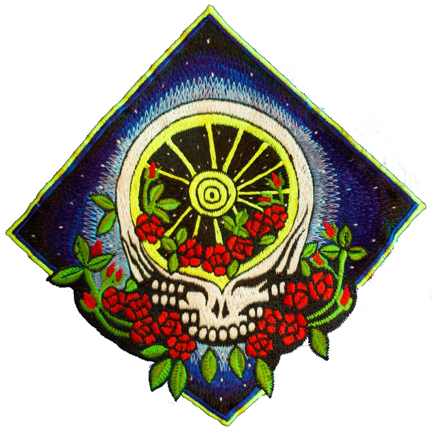 Grateful Rose Patch psychedelic flower deadhead embroidery UV blacklight active