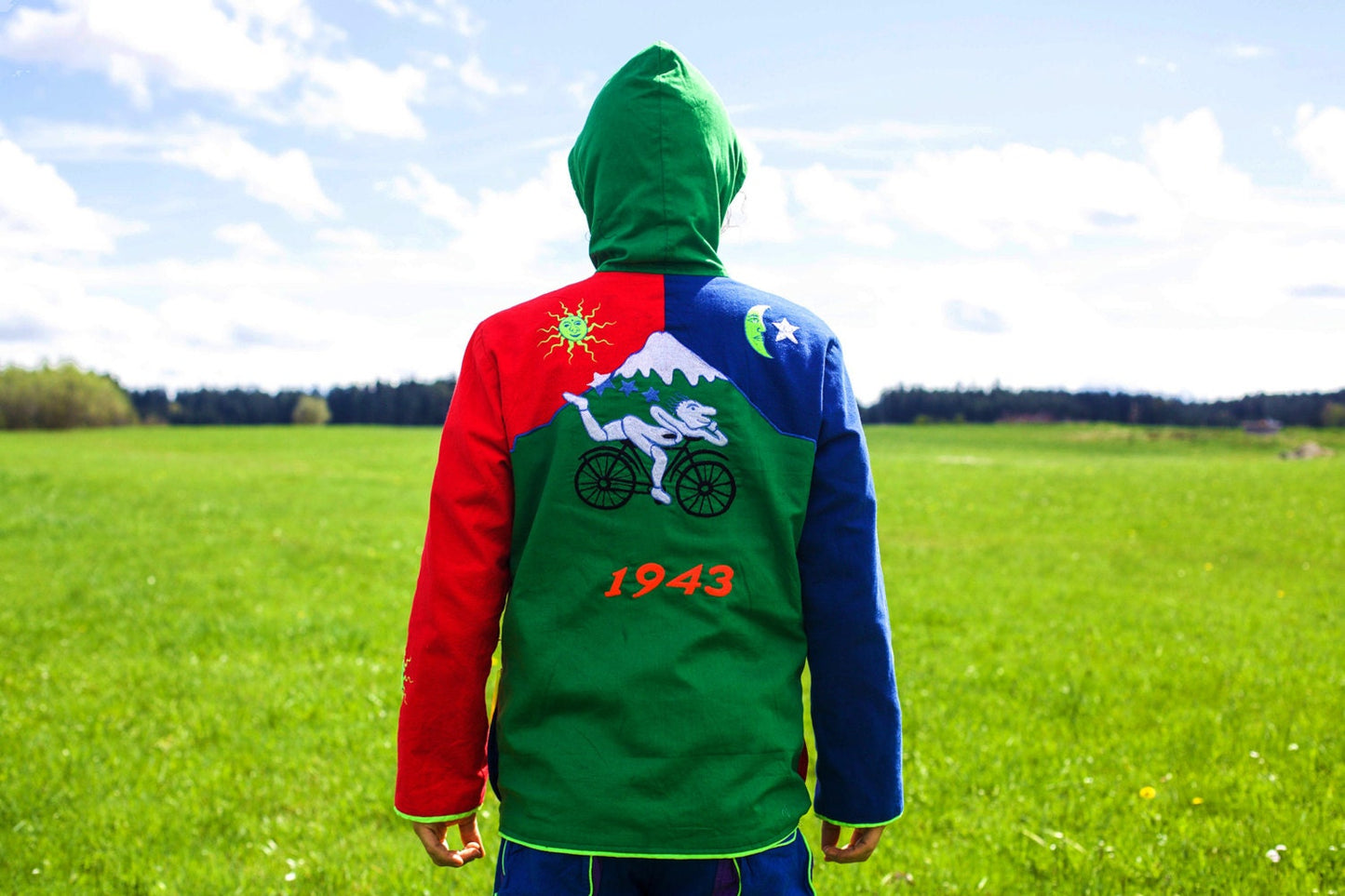 Albert Hofmann Bicycle Day UV jacket - handmade in any size - blacklight active 4 pockets with hoody and flower of life embroidery