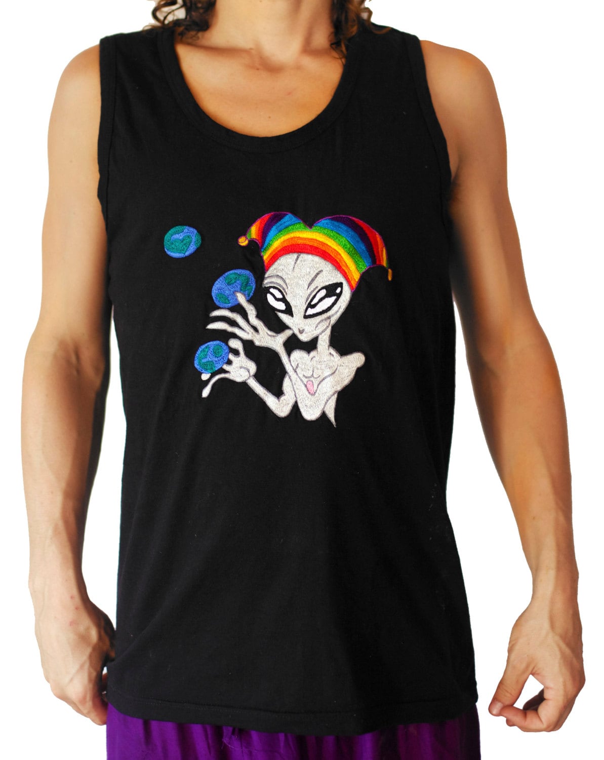 Cosmic Joker sleeveless shirt handmade embroidery no print goa alien
